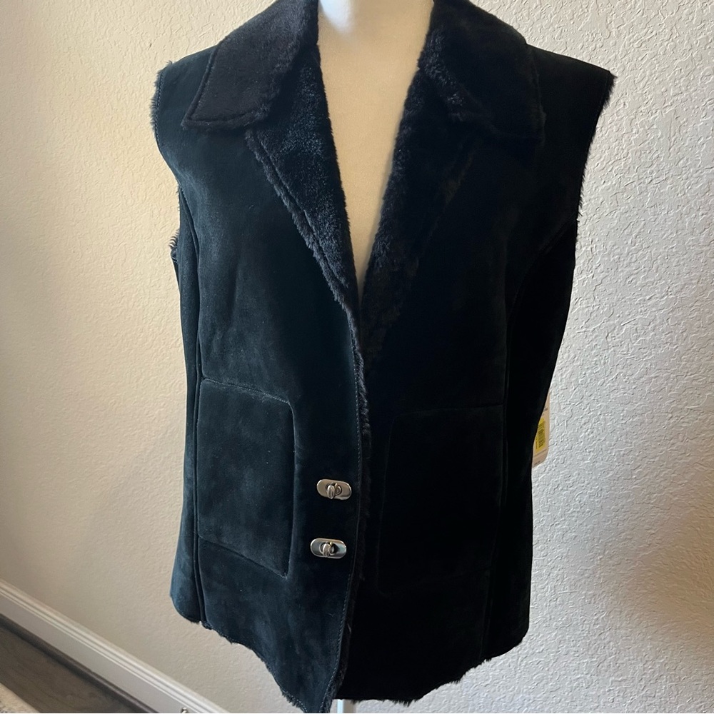 Leather Suede Vest Sz 16 Fur Trim Collar Black NWT Mobwife Biker Winter Glam
